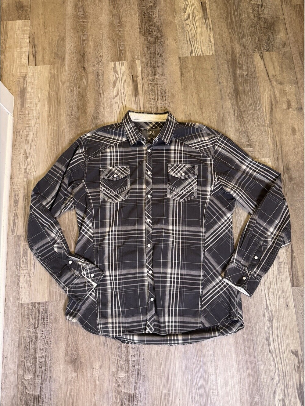 BKE Athletic Fit Shirt Pearl Snap Button Up Plaid Black XL Buckle Stylish